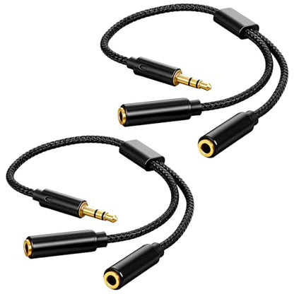 2 Pack 3.5mm TRRS Splitter for 2 Headphones Aux Splitter1 in 2 Out Dual Female Headset Adapter Audio Jack Splitters for Audio Mic Headset Split Y Cord Two Way for Phone Tablet Laptop