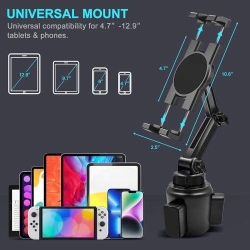 Cup Holder Car Tablet Mount, 360° Adjustable 2-Arm Stand Holder for iPad Pro 12.9/11/10.5/9.7/Air/Mini 6/5/4, Galaxy Tab/Z Fold 6/5, Amazon Fire HD, iPhone 16/15/14/Pro, 4.7-12.9" Tab & Phone - size: 11.4"