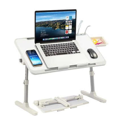 Adjustable Lap Desk with USB Fan & LED Light, Height & Angle Adjustable Laptop Bed Tray Table, Foldable Laptop Stand for Bed, Couch, Sofa & Floor,White - color: White