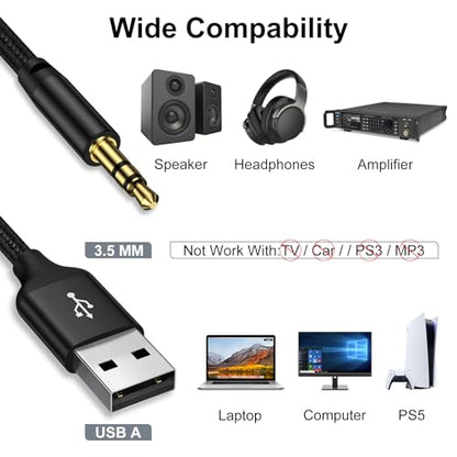 USB to 3.5mm Audio Aux Cable, 3FT USB to 3.5mm Aux Jack Audio Adapter for Headphone, TRS Sterso Speaker, DVD Player, PS5, PC, Laptop, Nylon Braided USBA to AUX Male Jack TRS Converter Stereo Cord