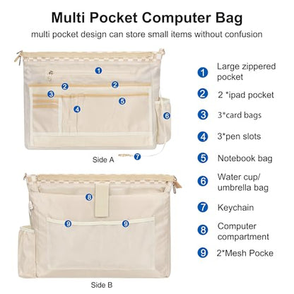 Laptop Tote Bag for Women 17 Inch, Teacher Bag with Compartments Canvas Computer Bag with 15 Pockets Work Tote Bag Travel Business Briefcase Office Handbag Bag with Shoulder Straps - color: A2-brown/Beige Canvas
