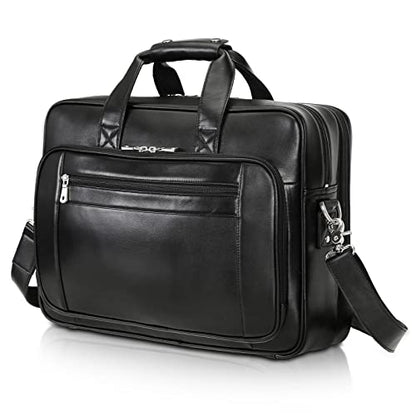 Polare 17" Full Grain Leather Laptop Briefcase Business Travel Laptop Carrying Case Shoulder Bag For Men Fits 17.3” Laptop - color: Black