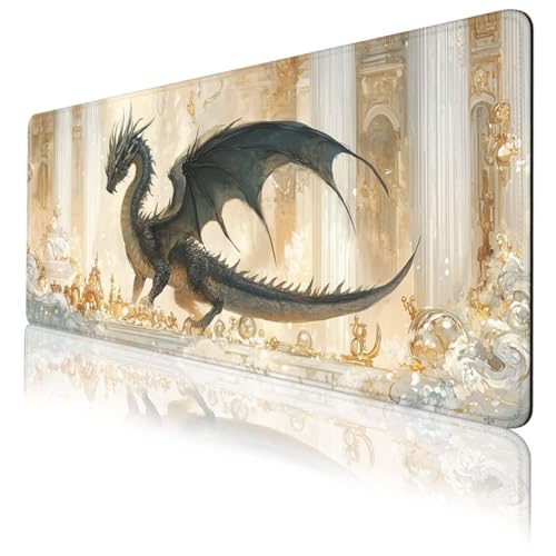 Fantasy Beast Desk Pad Mouse Pad Golden Palace Epic Dragon Large Gaming Mouse Mat with Stitched Edges,Non-Slip Waterproof Rubber Base Mous Mat Office Computer Keyboard Laptop Home 31.5"x11.8" - color: Fantasy Beast, size: 11.8"L x 31.5"W