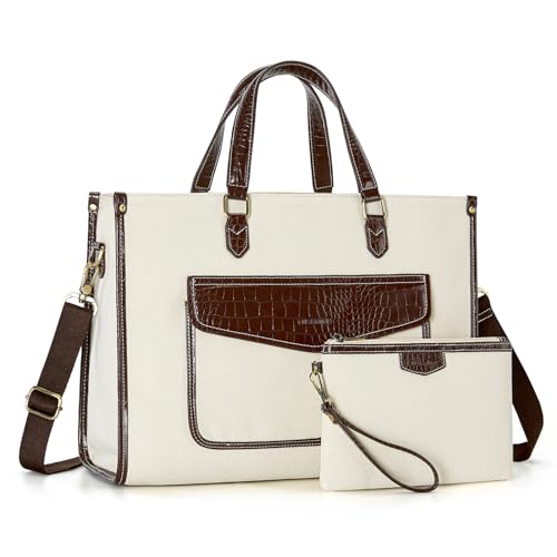 Missnine Tote Bag Canvas Laptop Bag for Women 15.6 inch Casual Work Bags with Clutch Purse Computer 2 PCS Set (Croc-embossed Coffee) - color: Croc-embossed Coffee