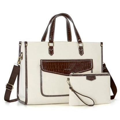 Missnine Tote Bag Canvas Laptop Bag for Women 15.6 inch Casual Work Bags with Clutch Purse Computer 2 PCS Set (Croc-embossed Coffee) - color: Croc-embossed Coffee