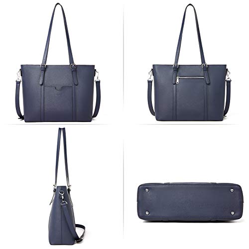 BOSTANTEN Genuine Leather Laptop Bag for Women 15.6'' Briefcase Tote Bags | Laptop Compartment, Structured, Professional, Detachable & Adjustable Shoulder Strap, Metal Feet, Work, Office, Business - color: J-cross Pattern Blue