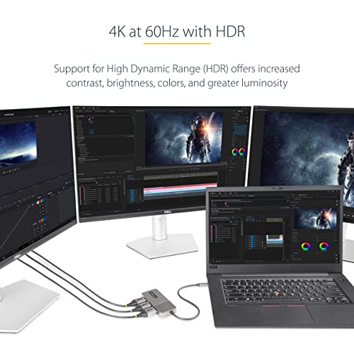 StarTech 3-Port USB-C MST Adapter, Triple 4K 60Hz DP, HDR, Windows, DSC | Laptop display extender, Triple 4K 60Hz, 2ch audio, HDCP 2.2, Extra-long built-in cable, Windows - size: 3 x DP 1.4