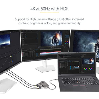 StarTech 3-Port USB-C MST Adapter, Triple 4K 60Hz DP, HDR, Windows, DSC | Laptop display extender, Triple 4K 60Hz, 2ch audio, HDCP 2.2, Extra-long built-in cable, Windows - size: 3 x DP 1.4
