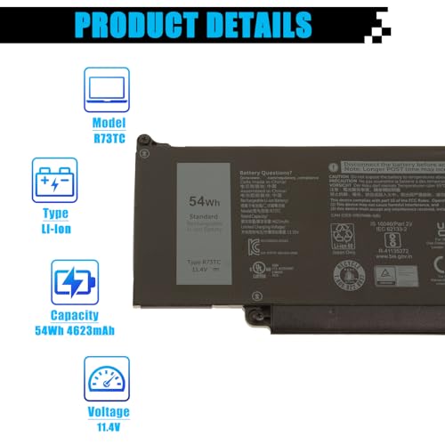 R73TC Laptop Battery Replacement for Dell Latitude 3340 3440 3540 5340 5350 5440 5540 Latitude 3340 5340 5350 2-in-1 Precision 3480 3580 Series DR02P 2X1V9 GTG7N GRWKG KDM9P 0V042N 09HKT5 54Wh 11.4V - size: 10.59*3.23*0.21 inch R73TC