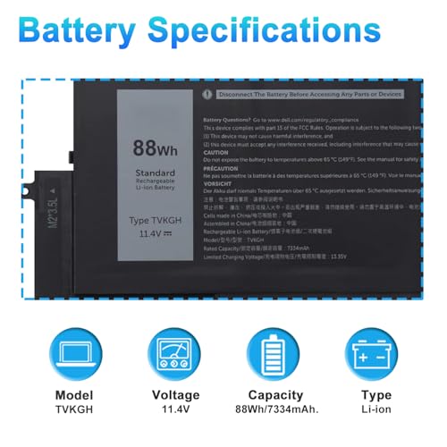 88Wh TVKGH Laptop Battery Replacement for Dell Latitude 9510 9520 & 9520 2-in-1 Series Notebook N7HT0 V5K68 0HYMNG N2NLL 08NFC7 089GNG 0PKW00 11.4V 7334mAh - size: 10.39*5.51*0.41inch TVKGH