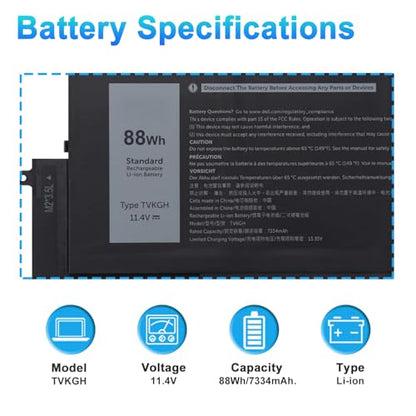 88Wh TVKGH Laptop Battery Replacement for Dell Latitude 9510 9520 & 9520 2-in-1 Series Notebook N7HT0 V5K68 0HYMNG N2NLL 08NFC7 089GNG 0PKW00 11.4V 7334mAh - size: 10.39*5.51*0.41inch TVKGH
