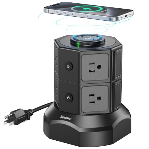 Power Strip Tower, SUPERDANNY Surge Protector Tower, 1050J 13A Charging Station with 8 AC Outlets & 4 USB Ports (2 USB C), 6.5ft Extension Cord with Multiple Outlets, Power Strips Black - color: Black, size: 8AC+2USB-A+2USB-C | 6.5 ft | 15 W Wireless