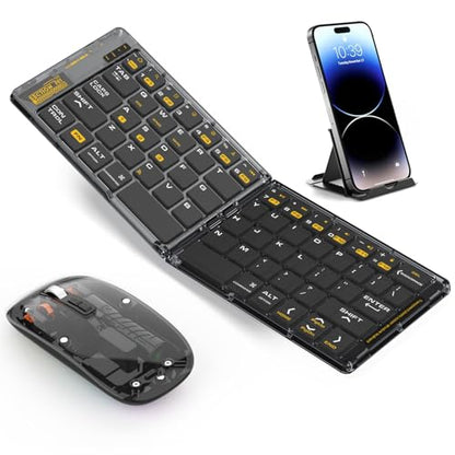 Foldable & Folding Wireless Keyboard Set Combo for iPad, Transparent Bluetooth Typepad & Mouse, Compatible with iOS, Windows, Android, Smartphones, Laptops, etc.