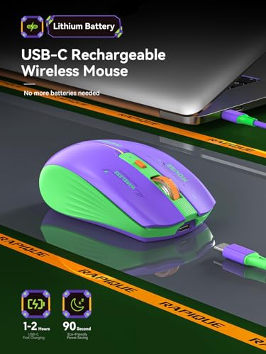 RAPIQUE Bluetooth Wireless Mouse - (BT1/BT2+USB Receiver) Dual Mode, Rechargeable, Quiet Click, Multi-Device Compatibility for Laptop, Computer, MacBook, Tablet (Purple and Green) - color: Purple and Green