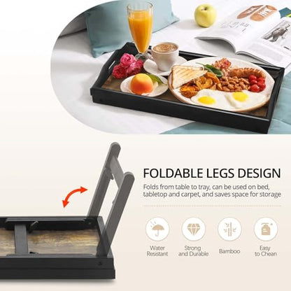 2 Pack Bed Tray Table with Adjustable Legs Breakfast Trays Serving Tray Bamboo Bed Laptap Floding Legs with Handles and Phone Holders - color: 2 Pack