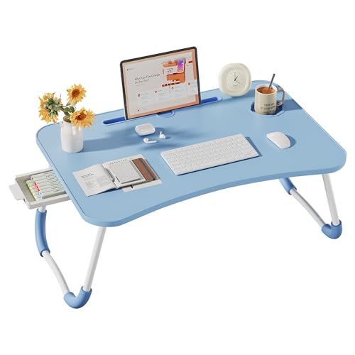 Lap Desk Bed Trays for Eating and Laptops Breakfast in Bed Tray for Sofa/Couch/Study/Reading/Writing with Cup Holder/Drawer On Low Sitting Floor Large Portable Foldable (Blue) - color: Blue