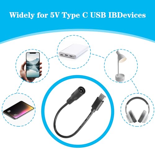 2Pcs 6 Inch DC Female to USB C Power Cord USB C to DC Adapter, DC5521 Female Male Plug, 5V 3A Power Charging Cable Extension Cord