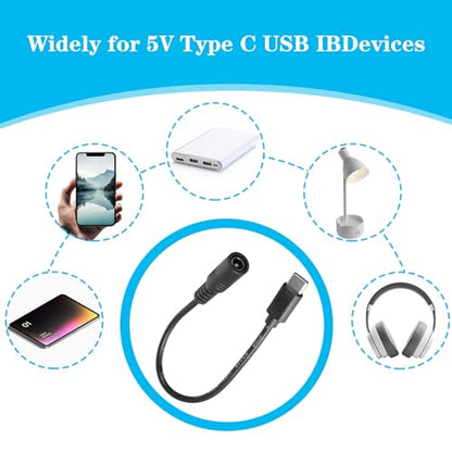 2Pcs 6 Inch DC Female to USB C Power Cord USB C to DC Adapter, DC5521 Female Male Plug, 5V 3A Power Charging Cable Extension Cord