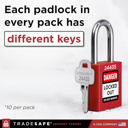 TRADESAFE Lockout Locks, 10 Red Loto Locks Keyed Different, 1 Key Each | Non-conductive Nylon Body, Spring-loaded Stainless Steel Shackle, Key-retaining Cylinder With Multilingual Safety Labels - color: Red, size: 1 Key Per Lock