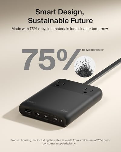 Belkin Charging Station Power Strip 3 USB-C Charger 2 AC 1 USB-A 140W GaN | GaN technology, compact charging station, iPhone, Apple Watch, iPad, MacBook, Chromebook, Galaxy, Pixel - style: 140W, 2 AC Outlet