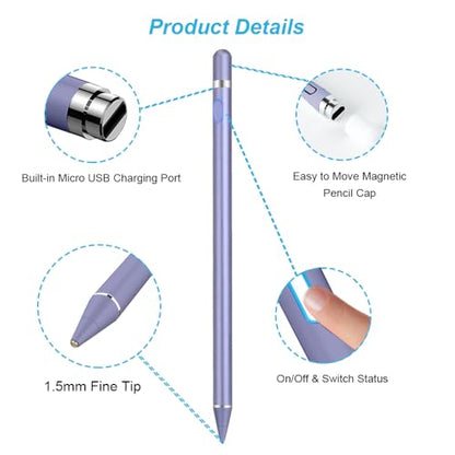 Active Stylus Pen for Touchscreen, iPad Pencil 1.5mm Fine Point Pen, Digital Pens Rechargeable for Tablet, Stylus Pens Compatible with iPad Air/Mini/Pro/Android/iPhone and Most Device - Purple - color: Purple