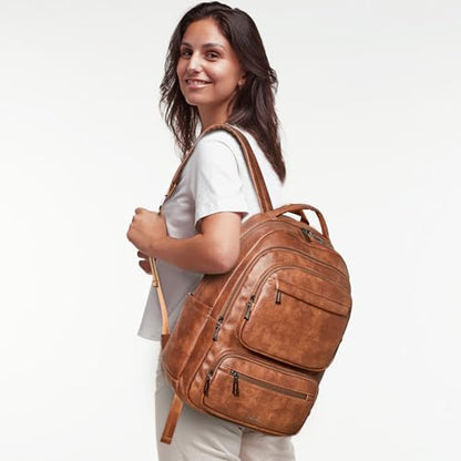 Backpack For Women Men Vegan Leather Backpack Purse Shoulder Bookbag 16 15.6 15 Inch Laptop Bag Handbags For Travel Work College Large Brown - color: Brown