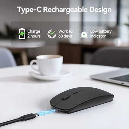 TECKNET Bluetooth Wireless Mouse for Laptop, Rechargeable Silent Computer Mouse (Bluetooth 5.2/3.0 & 2.4G), Ultra-Thin, 6-Level Adjustable 4800 DPI Bluetooth Mouse for Mac OS, iPad, Windows, Android - color: black