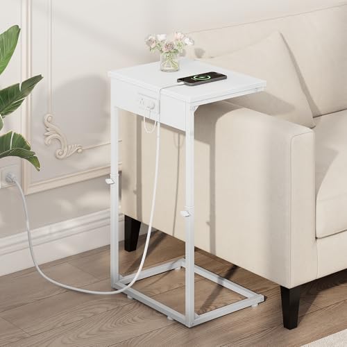 C Shaped End Table with Charging Station, Adjustable Height Side Table for Couch, Small End Table Small Spaces, 33.2'' Tall Couch Tables that Slide Under, Tv Tray Table for Living Room, White - color: White (1 Pack), style: With Plug
