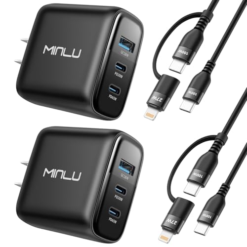 65W USB C Charger Block, MINLU GaN 3-Port Compact Fast PPS Wall Charger with 100W 2 in 1 USB-C to C/L Cable,Fast Charging for MacBook Pro/Air,iPad,iPhone 17 16 15 Series,Galaxy S25 UItra PS - 2Pack - color: Black-2