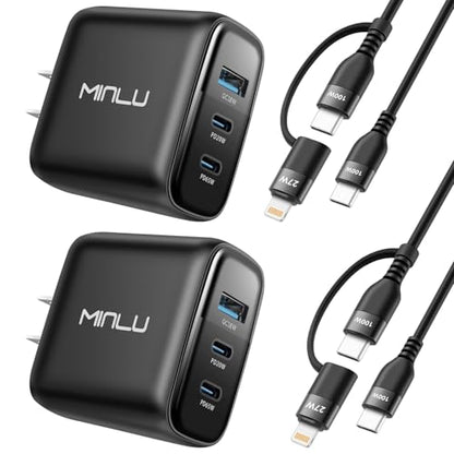 65W USB C Charger Block, MINLU GaN 3-Port Compact Fast PPS Wall Charger with 100W 2 in 1 USB-C to C/L Cable,Fast Charging for MacBook Pro/Air,iPad,iPhone 17 16 15 Series,Galaxy S25 UItra PS - 2Pack - color: Black-2