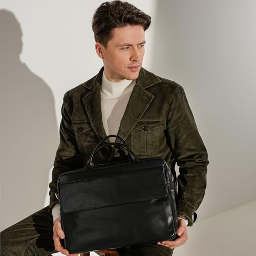 Time Resistance Leather Briefcase - Italian Handmade Leather Laptop Bag - Handbag for Men - Professional Computer Case - color: Black