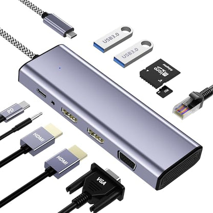 Docking Station Dual Monitor, USB C to Dual HDMI Adapter, 10 in 1 Laptop Docking Station 3 Monitors with HDMI/VGA/PD/Ethernet/USB/SD/TF/3.5mm Audio