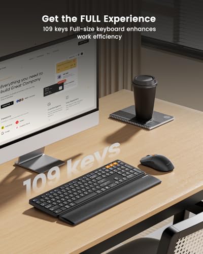 ProtoArc KM60 Wireless Ergonomic Keyboard Mouse Combo, Black | Full-size Keyboard with Wrist Rest, 63G Mouse, 3-Device Switching (Dual Bluetooth+2.4G), Type-C Charging, Quiet Keys