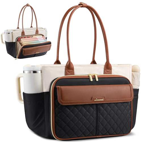 LOVEVOOK Teacher Tote Bag for Women, Laptop Bag Briefcase with Accordion File Pocket, Nurse Handbag for Work, Travel, College | 40oz Cup Holder - color: Black-beige-brown, size: 15.6 Inch