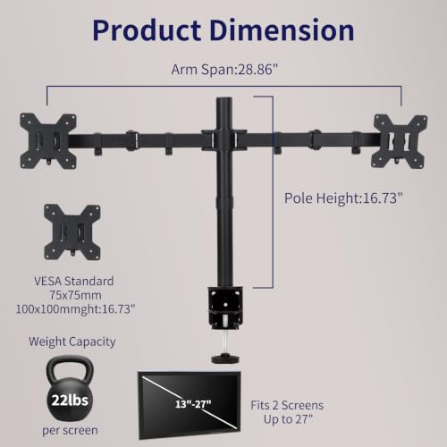 Black Dual Monitor Arm Mount for 13-27 Inch Screens | Ultrawide Screens Up to 34 inch Fully Adjustable Stand with C-Clamp/Grommet Base Max VESA 100x100 Each Screen Capacity 22lbs - size: Dual Arm for 13"-27"