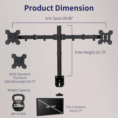 Black Dual Monitor Arm Mount for 13-27 Inch Screens | Ultrawide Screens Up to 34 inch Fully Adjustable Stand with C-Clamp/Grommet Base Max VESA 100x100 Each Screen Capacity 22lbs - size: Dual Arm for 13"-27"