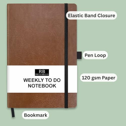 RICCO BELLO Undated Weekly Planner To Do Notebook, Brown, 5.7 x 8.4" | Faux Leather Hardcover, Pen Holder, Bookmark & Elastic Band Closure, Storage Pocket, For Work, School, Home - color: Brown