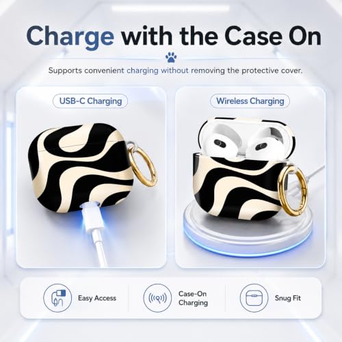 Compatible with AirPod 4 Case 2024, Cute Hard Plastic Protective Cover for Airpod 4th Generation Women, Shockproof Shell Skin with Gold Ring Keychain,Abstract Wavy Black Beige - color: Abstract Wavy Black Beige