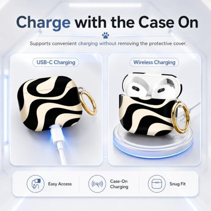Compatible with AirPod 4 Case 2024, Cute Hard Plastic Protective Cover for Airpod 4th Generation Women, Shockproof Shell Skin with Gold Ring Keychain,Abstract Wavy Black Beige - color: Abstract Wavy Black Beige