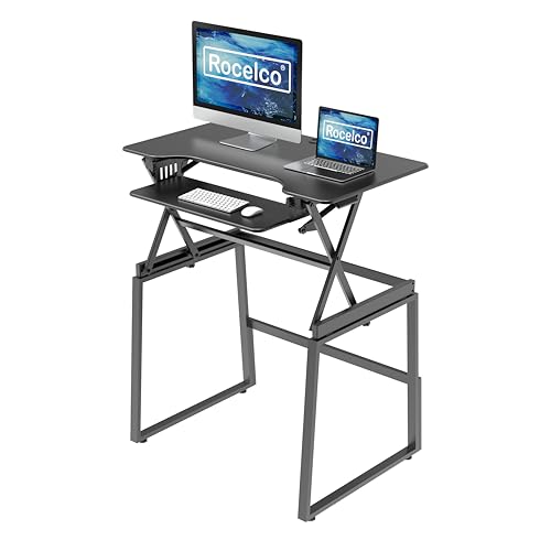 Rocelco 40" Large Height Adjustable Standing Desk with AC Outlet USB Charger and Floor Stand Bundle - Tall Dual Monitor Riser Computer Workstation - Keyboard Tray - Black (R DADRB-40-ACUSB-FS2) - color: Black Acusb, size: 40", style: Riser+Floor Stand
