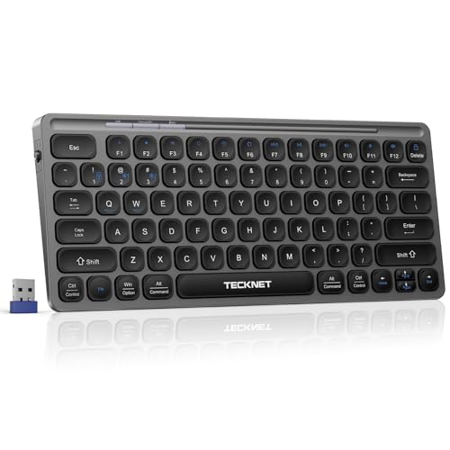 TECKNET Wireless Keyboard, Rechargeable Bluetooth Keyboard, 3-Device Free Switching (2.4G+BT), Quiet Typing, Lightweight & Portable, Compact Keyboard Compatible with Windows, macOS, Android, Gray