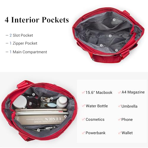 VOLGANIK ROCK Canvas Tote Bag Waterproof Nylon Multi Pocket Shoulder Bags Laptop Work Bag Teacher Purse Handbag for Women Men - color: Red