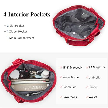 VOLGANIK ROCK Canvas Tote Bag Waterproof Nylon Multi Pocket Shoulder Bags Laptop Work Bag Teacher Purse Handbag for Women Men - color: Red