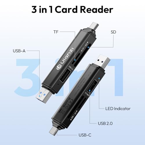 ULANZI CR1 3-in-1 SD/TF/USB Card Reader, USB 3.1 High-Speed 170MB/s, Triple-Slot Simultaneous, Dual USB-C/A, Case-Friendly Port, w/Carabiner Clip for Phone/Tablet/Mac/PC/Android/Photographer