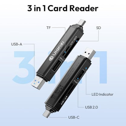 ULANZI CR1 3-in-1 SD/TF/USB Card Reader, USB 3.1 High-Speed 170MB/s, Triple-Slot Simultaneous, Dual USB-C/A, Case-Friendly Port, w/Carabiner Clip for Phone/Tablet/Mac/PC/Android/Photographer
