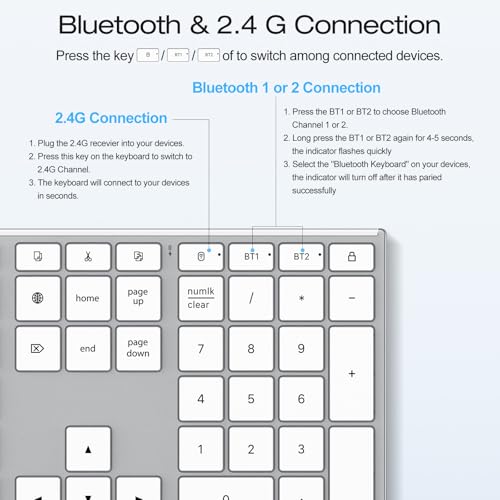 OMOTON Full Size Wireless Keyboard for Mac, Metal Frame, Silver | Ultra Slim & Quiet, Rechargeable Ergonomic, Bluetooth + 2.4G triple for MacBook Pro/Air/Neo, iMac, Mac Mini, Office/Home