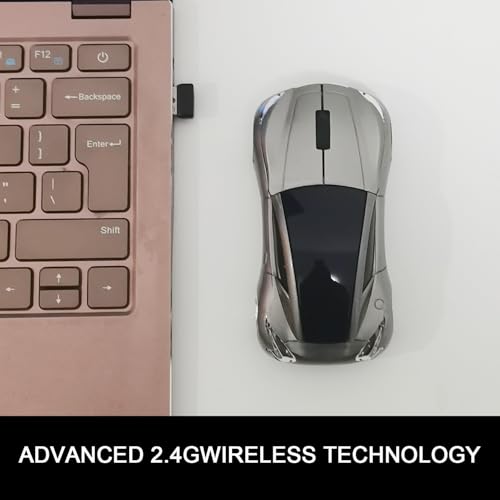 Car Mouse for Computer, Wireless Car Shaped Mice for Laptop, PC, Mini Cute Mouse with 2.4Ghz USB Receiver, 3D, 1600DPI, Silent Clicks, LED Headlights (Grey) - color: Y-Grey