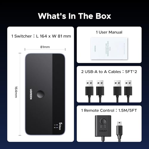 UGREEN USB 3.0 Switch for 2 PCs Simultaneous Internet Access & Sharing USB Devices, USB Switcher Sharing Keyboard and Mouse, Built-in Gigabit Ethernet Adapter, Includes 2 USB Cables & Controller