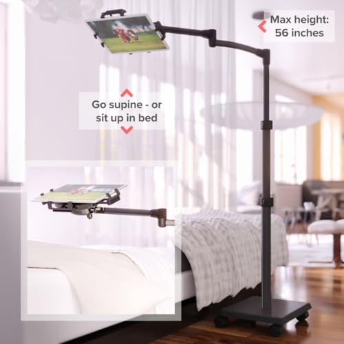 Levo G2 Deluxe Tablet Floor Stand, Rolling iPad Holder for Work & Streaming | Premium 5-axis arm reaches over chairs and beds, extra-tall 30-56 in height, locking casters, hands-free reading and play