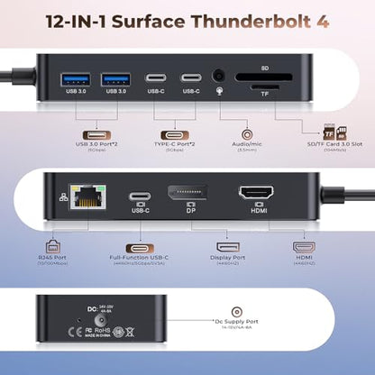 Microsoft Surface Thunderbolt 4 Dock 12-in-1 Triple Display Hub with 4K@60Hz HDMI + USB-C + DisplayPort, Surface Pro Docking Station for Surface Pro 12/11/10/9/8/X/7+/7, Surface Laptop, Surface Go - size: 12.
